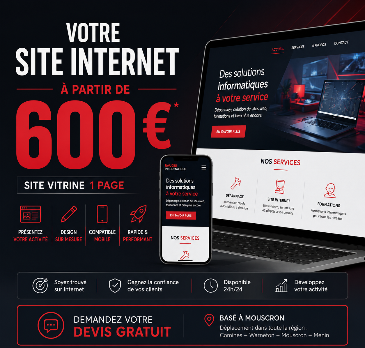 Chez Raugui Informatique, il est possible de créer un site vitrine d'une page à partir de 600 €.