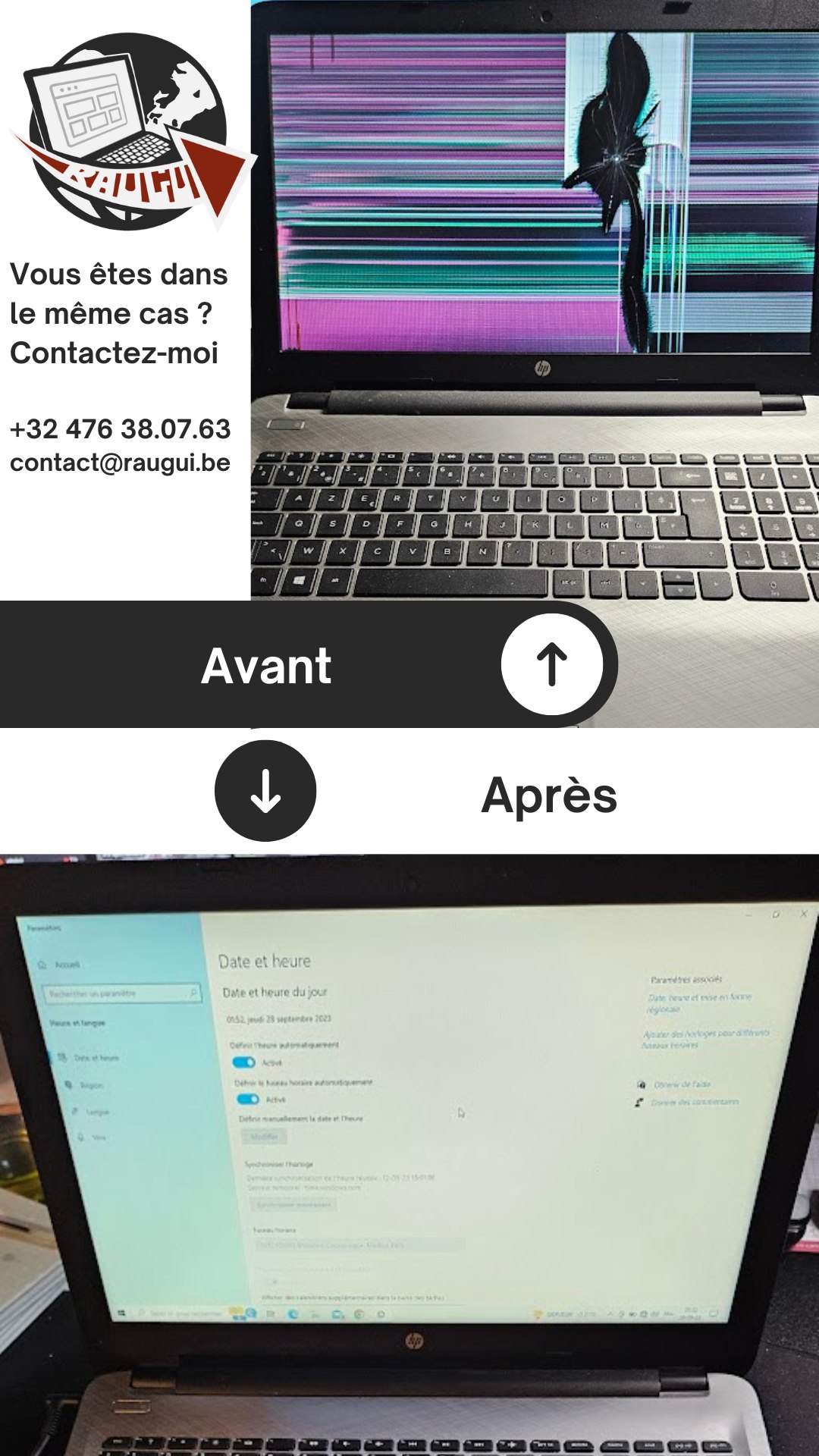 Réparation – Remplacement d’écran PC portable : Avant / Après ! par Raugui Informatique